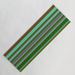 [ Thumbnail: Brown, Dark Green, Dim Grey & Aquamarine Colored Lined/Striped Pattern Yoga Mat ]