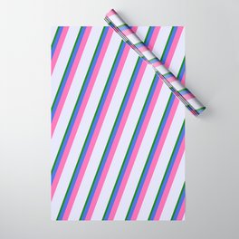 [ Thumbnail: Lavender, Green, Royal Blue & Hot Pink Colored Pattern of Stripes Wrapping Paper ]