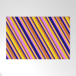 [ Thumbnail: Chocolate, Yellow, Violet, and Blue Colored Lined/Striped Pattern Welcome Mat ]