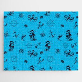 Turquoise And Blue Silhouettes Of Vintage Nautical Pattern Jigsaw Puzzle