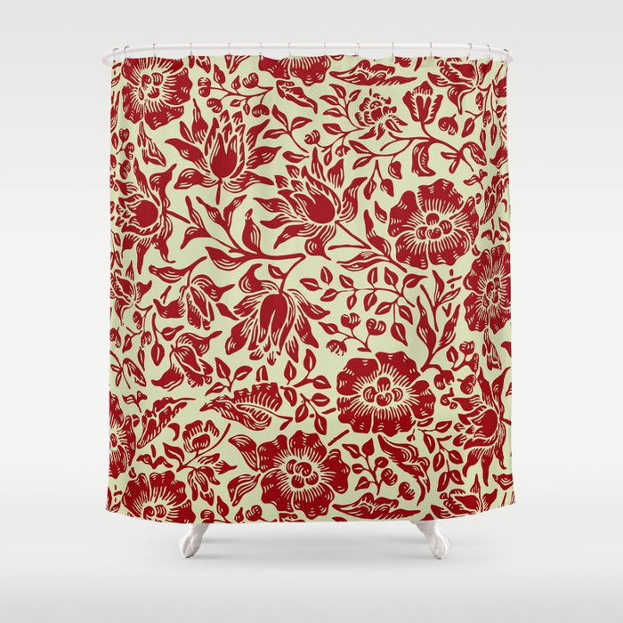 Modern William Morris Red Cream Floral Leaves Pattern Shower Curtain
