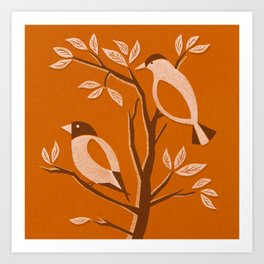 Burnt Orange Mid Century Birds On Branches Art Print