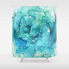 Teal Chrome Flowing Abstract Ink Shower Curtain