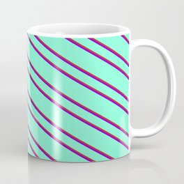 [ Thumbnail: Aquamarine, Brown, and Dark Violet Colored Pattern of Stripes Coffee Mug ]