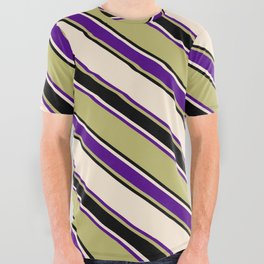 [ Thumbnail: Beige, Indigo, Dark Khaki, and Black Colored Striped/Lined Pattern All Over Graphic Tee ]