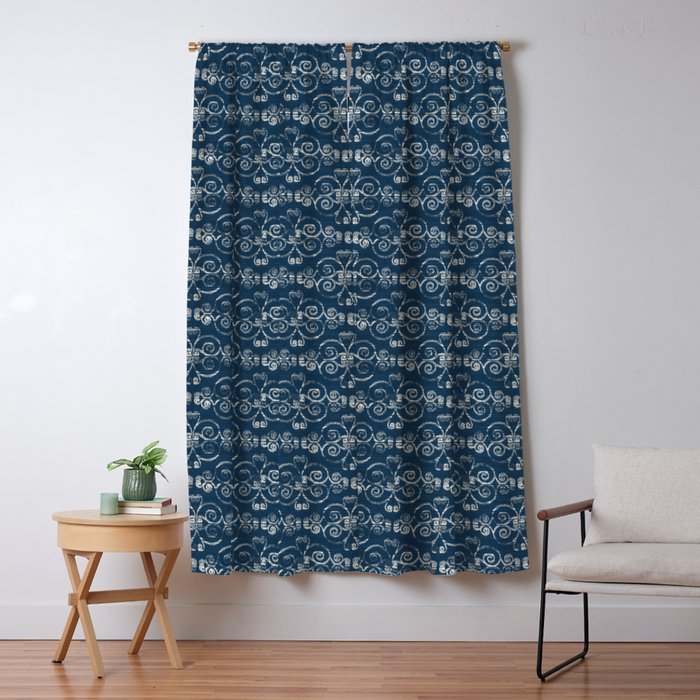 Wooden Diamond Scrolled Ikat Pattern Navy Cream Blackout Curtain