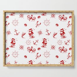 Red Silhouettes Of Vintage Nautical Pattern Serving Tray