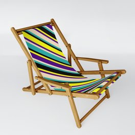 [ Thumbnail: Eyecatching Yellow, Indigo, Bisque, Light Sea Green, and Black Colored Lined Pattern Sling Chair ]