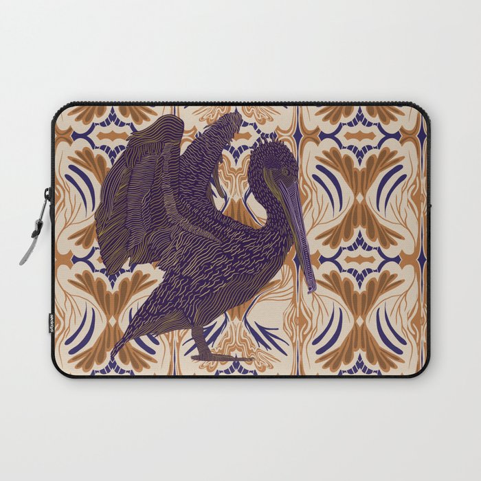 Open winged pelican bird on pattern background - purple Laptop Sleeve