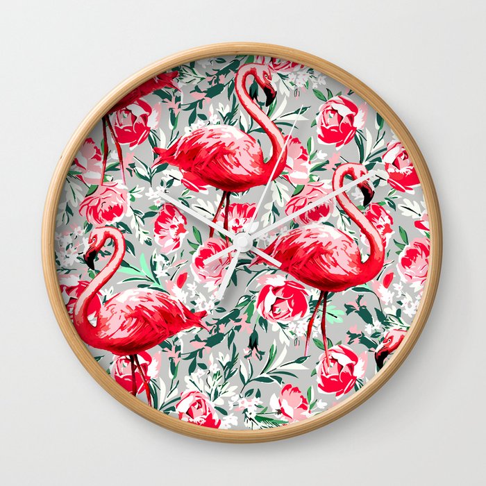 Flamingos and Flowers Wall Clock