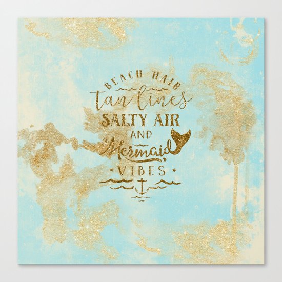 Beach-Mermaid-Mermaid Vibes - Gold glitter lettering on aqua glittering background Canvas Print