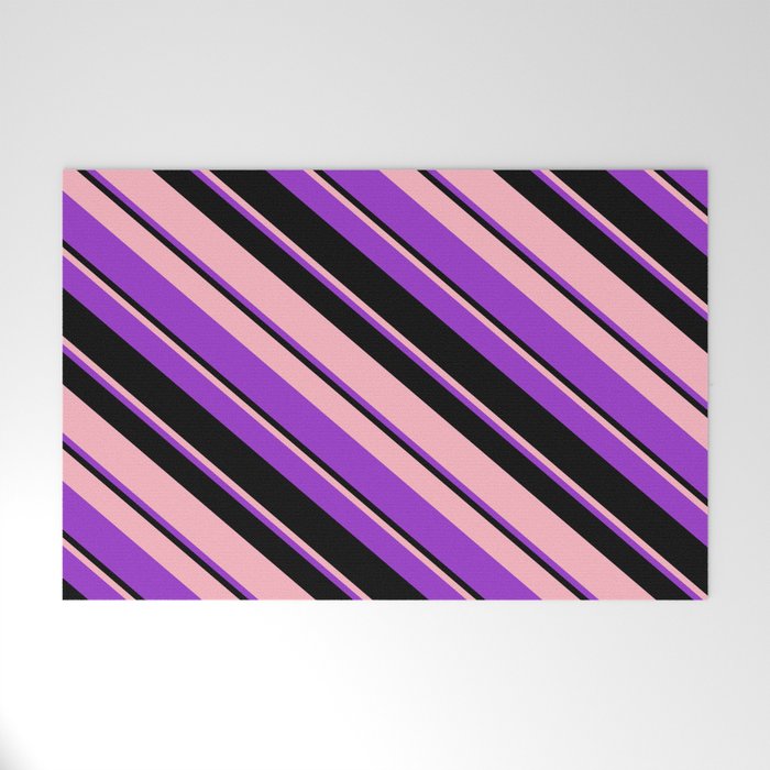 Light Pink, Dark Orchid, and Black Colored Lines/Stripes Pattern Welcome Mat
