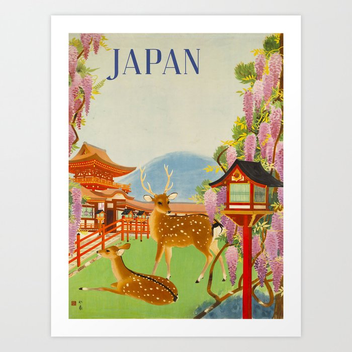 Vintage Mid Century Modern Japan Travel Poster Deer Red Pagoda Wisteria Garden Art Print