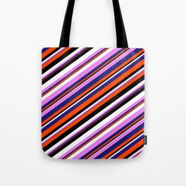 [ Thumbnail: Eyecatching Violet, Midnight Blue, Red, Black & White Colored Lines/Stripes Pattern Tote Bag ]