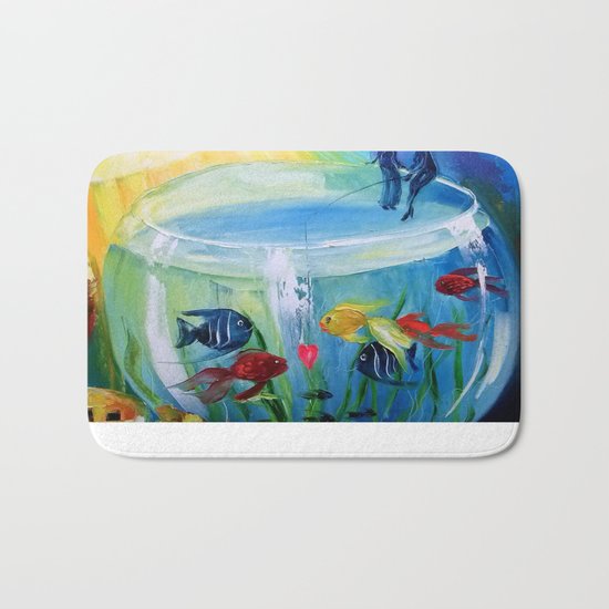 Catching fish in the tank Bath Mat