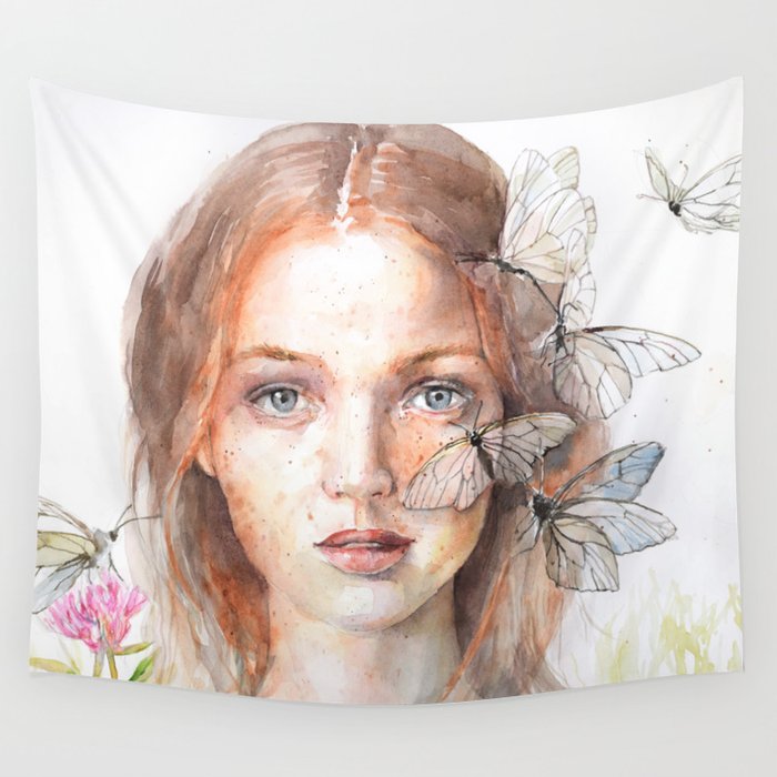 Ginger Girl And Butterflies Watercolor Red Hair Freckles Fantasy