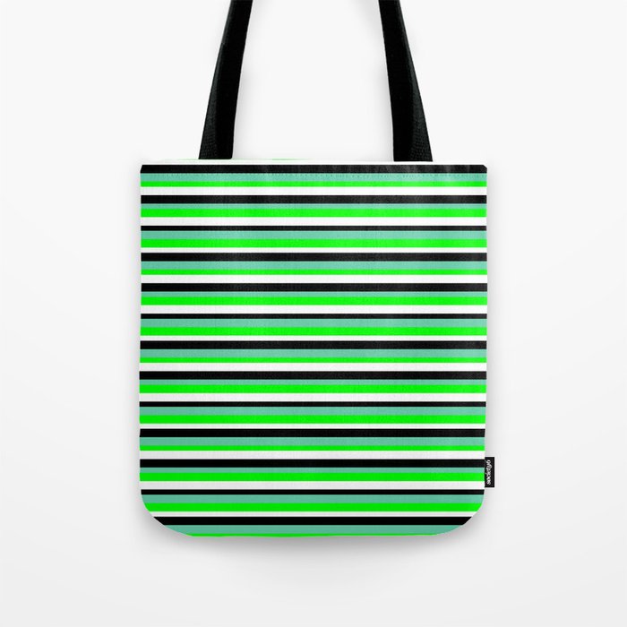Aquamarine, Lime, White, and Black Colored Lined/Striped Pattern Tote Bag