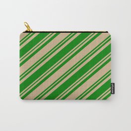 [ Thumbnail: Tan and Green Colored Lined Pattern Carry-All Pouch ]