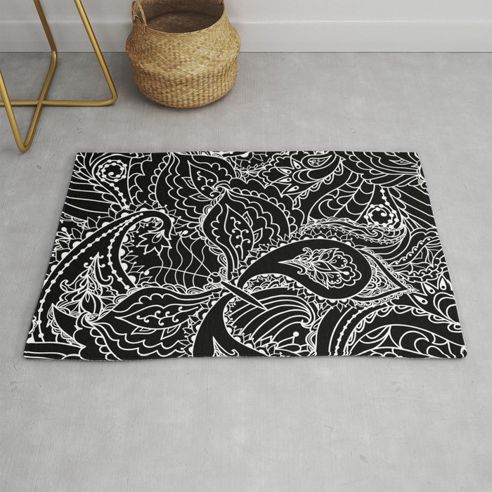 Hand Painted Abstract Black White Watercolor Floral Butterfly Rug