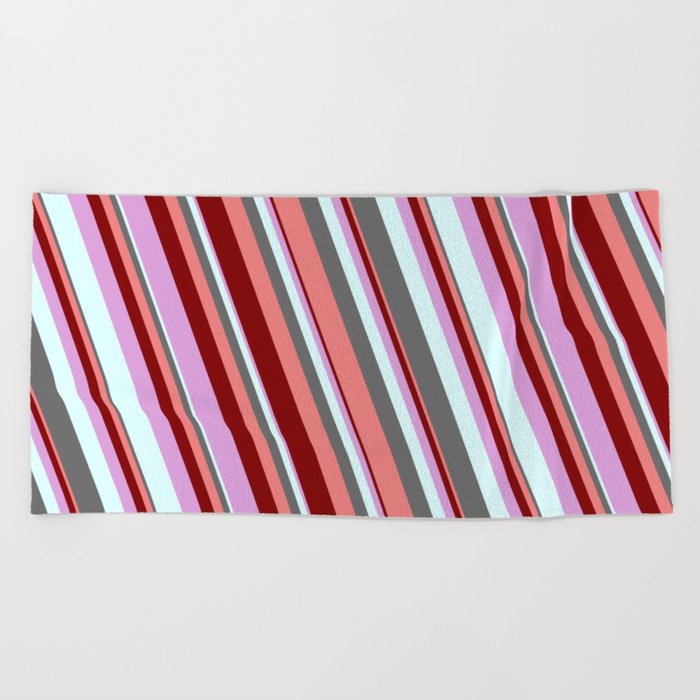 Colorful Dim Gray, Light Coral, Maroon, Plum, and Light Cyan Colored Stripes/Lines Pattern Beach Towel