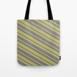 [ Thumbnail: Dark Khaki & Gray Colored Lined/Striped Pattern Tote Bag ]