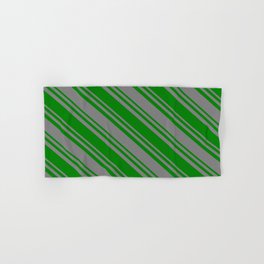 [ Thumbnail: Green & Gray Colored Stripes Pattern Hand & Bath Towel ]
