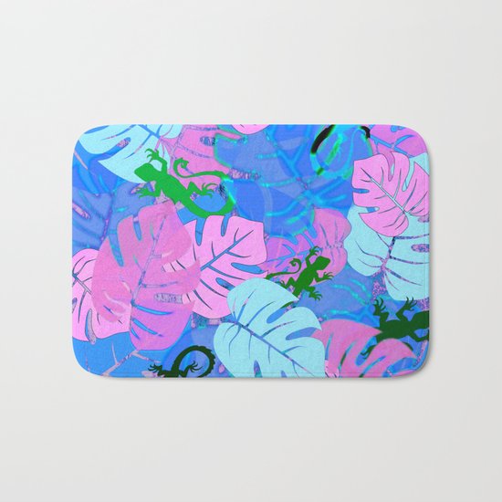 Monstera and Lizards in Blue Bath Mat