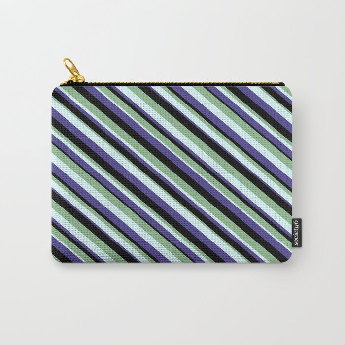 Dark Sea Green, Light Cyan, Dark Slate Blue, and Black Colored Pattern of Stripes Carry-All Pouch
