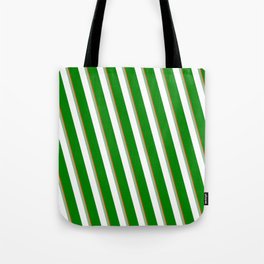 [ Thumbnail: Red, Dark Sea Green, White, and Green Colored Stripes/Lines Pattern Tote Bag ]