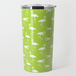 White flamingo silhouettes seamless pattern on apple green background Travel Mug
