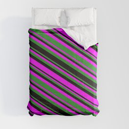 [ Thumbnail: Fuchsia, Forest Green & Black Colored Lines/Stripes Pattern Comforter ]