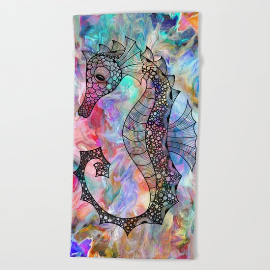 Drawn Seahorse on Colors Beach Towel