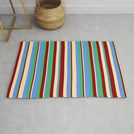 [ Thumbnail: Beige, Cornflower Blue, Sea Green, and Dark Red Colored Lines/Stripes Pattern Rug ]