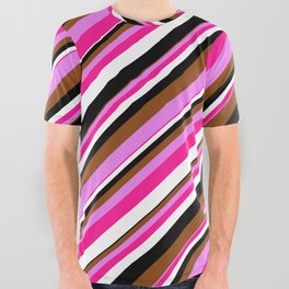 [ Thumbnail: Vibrant Brown, Violet, Deep Pink, White, and Black Colored Striped Pattern All Over Graphic Tee ]