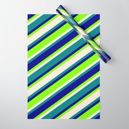 [ Thumbnail: Dark Blue, Chartreuse, Beige, and Teal Colored Stripes/Lines Pattern Wrapping Paper ]