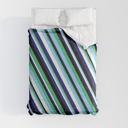 [ Thumbnail: Eye-catching Sea Green, Light Sky Blue, Mint Cream, Midnight Blue, and Black Colored Lined Pattern Comforter ]
