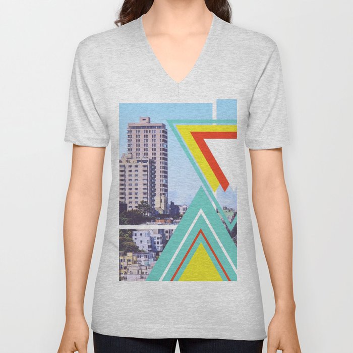 city with colorful triangle shape and blue sky V Neck T Shirt