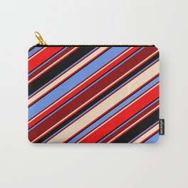 [ Thumbnail: Cornflower Blue, Dark Red, Bisque, Red & Black Colored Stripes Pattern Carry-All Pouch ]