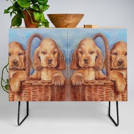 Cute Cocker Spaniel Puppies in the basket Genre-painting Pet portrait Credenza