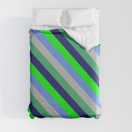 [ Thumbnail: Lime, Cornflower Blue, Grey, Sea Green, and Midnight Blue Colored Stripes Pattern Duvet Cover ]