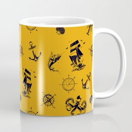 Mustard And Blue Silhouettes Of Vintage Nautical Pattern Mug
