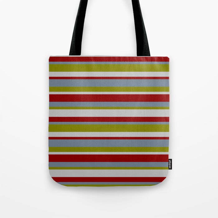 Slate Gray, Green, Grey & Dark Red Colored Pattern of Stripes Tote Bag