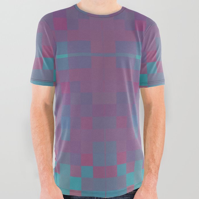 geometric symmetry art pixel square pattern abstract background in purple blue pink All Over Graphic Tee