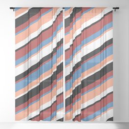 [ Thumbnail: Eye-catching Brown, Blue, Light Salmon, White & Black Colored Striped/Lined Pattern Sheer Curtain ]