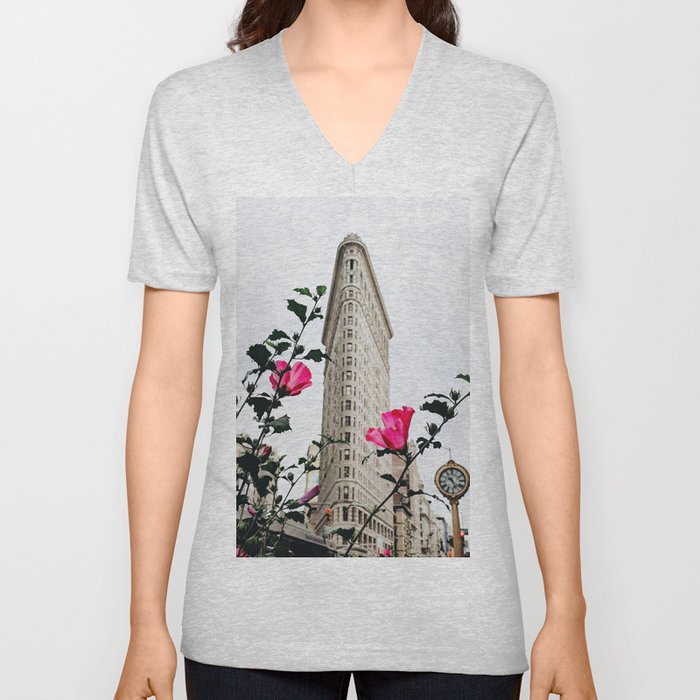 Pink Flowers in New York City (Color) V Neck T Shirt