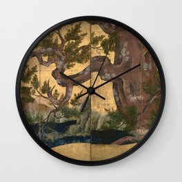 Cypress Tree - Japanese Eight-Panel Gold Leaf Screen - Azuchi-Momoyama-Period Wall Clock | Nature, Leaf, Azuchi Momoyama, Panel, Vintage, Painting, Illustration, Tree, Kano, Gold 