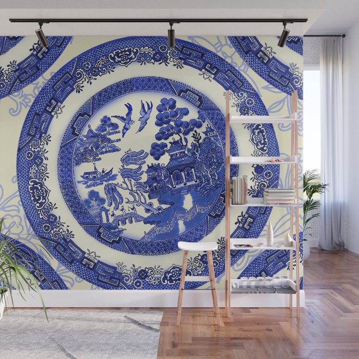 Vintage Blue Willow Plates Wall Mural by HNL DESIGN Society6