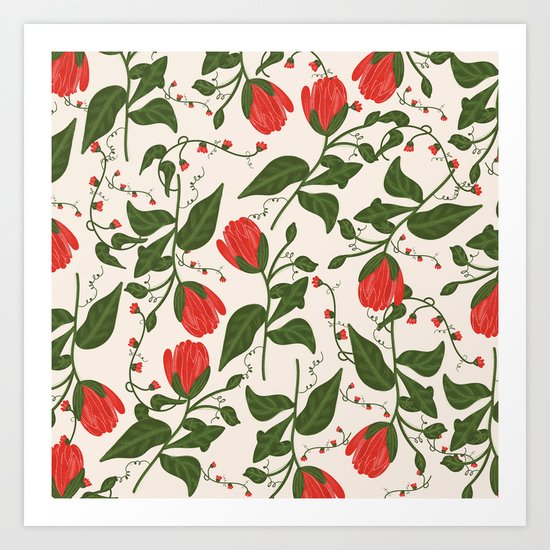 Red Bright Floral Pattern Art Print