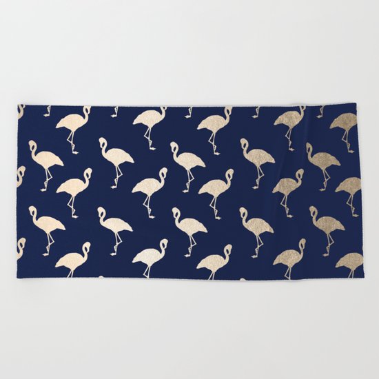 Gold Flamingo Pattern Navy Blue Beach Towel