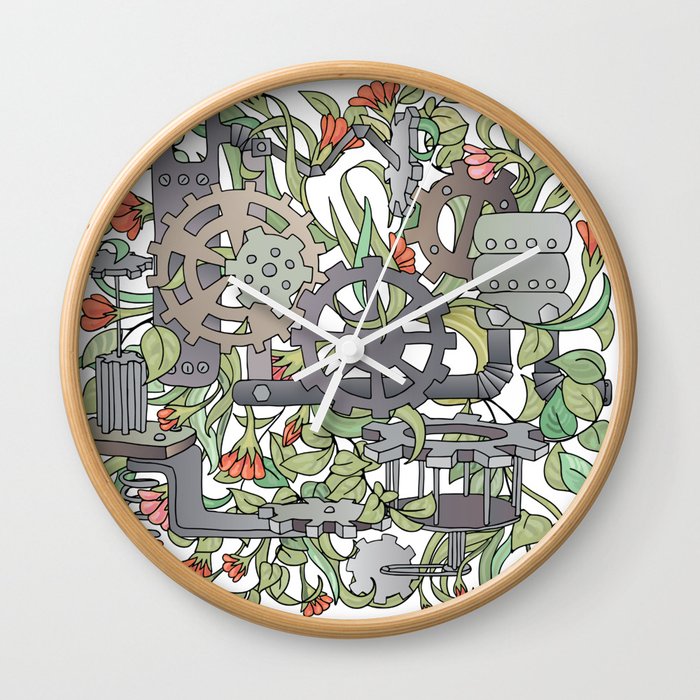 bright steampunk mechanical floral pattern Wall Clock